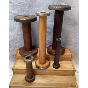 Vintage Textile Mill Wood/Brass Bobbins Lot of 5 Spools Industrial Decor Antique